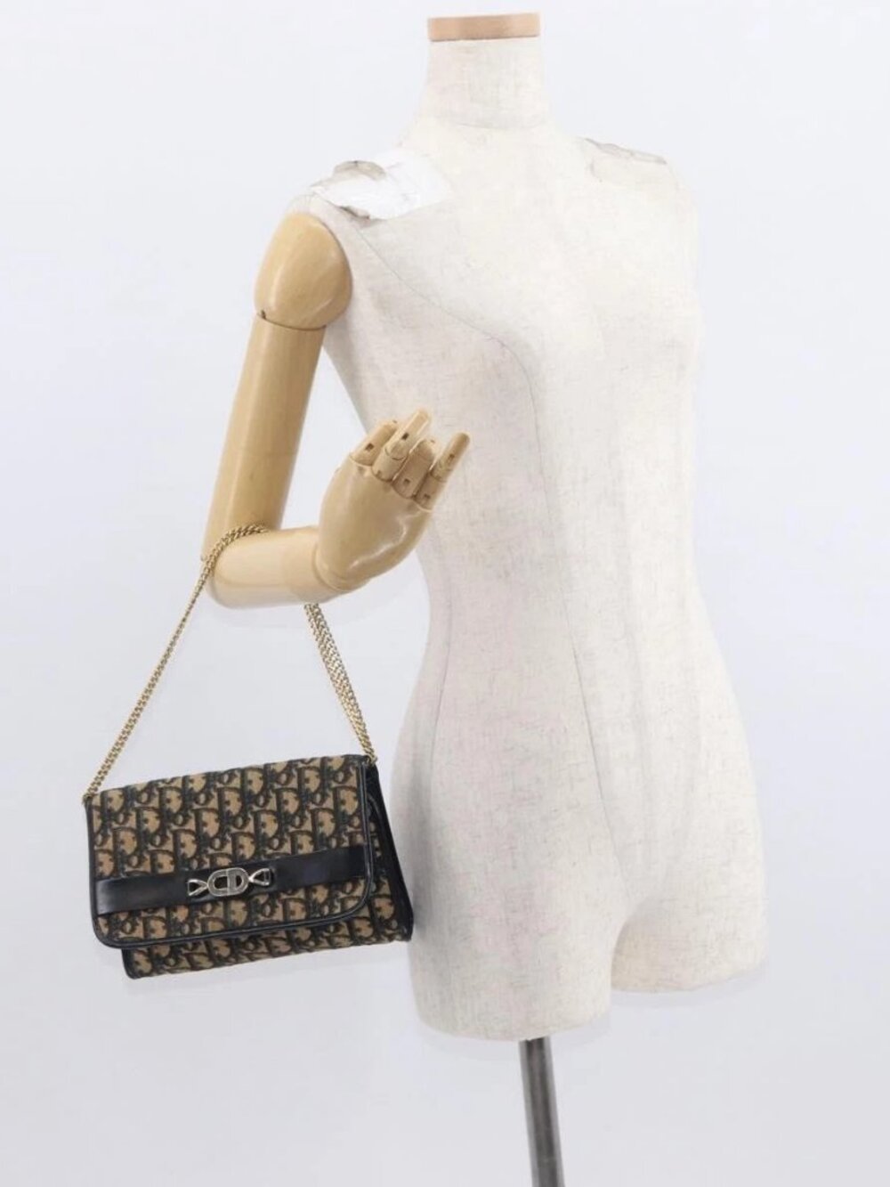 Christian Dior Trotter Canvas Chain Shoulder Bag Navy Gold Auth 159985